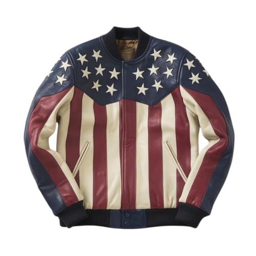 Leather Jets Mens Genuine Bomber Leather Motorcycle Jacket with Stitched USA Flag Design With Knitte Rib