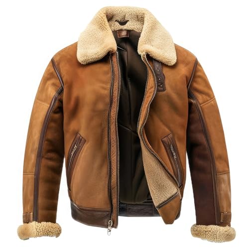 Mens Brown Beige Genuine Suede B3 Sherpa Shearling Faux Fur Collar Flying Warm Aviator Flight Leather Jacket