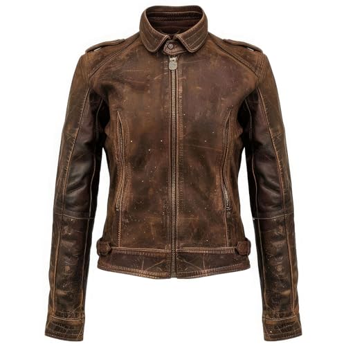 Womens Distressed Brown Genuine Suede Elegant Shirt Collar Vintage Riding Zipup Casual Stylish Leather Jacket