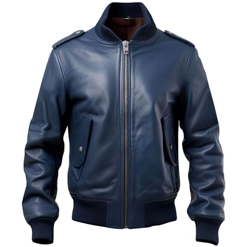 Leather Jets Mens Navy Blue Genuine Sheepskin Stylish Baseball Collar Winter Outerwear Zipup Sporty Bomber Leather Jacket