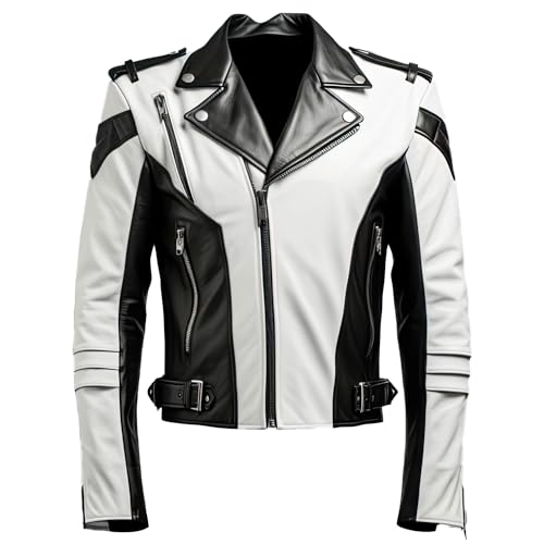 Leather Jets Mens White Black Genuine Sheepskin Biker Lapel Collar Asymmetric ZipUp Sport Outerwear Rider Leather Jacket