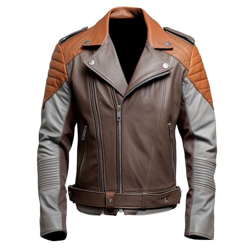 Leather Jets Mens Cider Brown Ash Grey Genuine Sheepskin Crossover Lapel Collar Belted Soft Multi Zipper Rider Leather Jacket