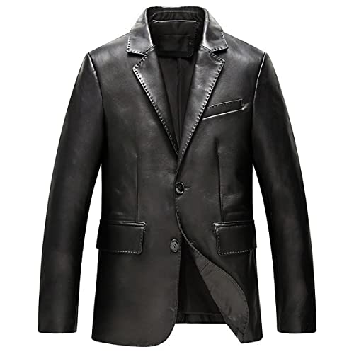 Mens Leather Blazer with Sheepskin Collar Black SingleBreasted Casual Business Coat