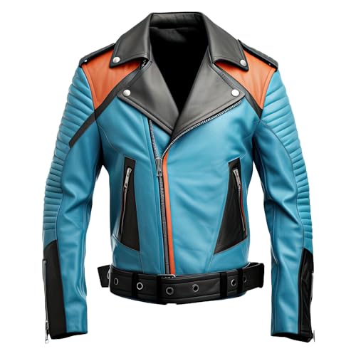 Leather Jets Mens Sky Blue Black Genuine Sheepskin Crossover Lapel Collar Elegant Quilted Belted Moto Racer Leather Jacket