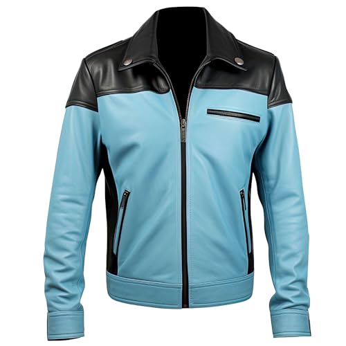 Leather Jets Mens Sky Blue Black Genuine Sheepskin Shirt Collar Classy Moto Biker Outfit Rider Racer Smooth Leather Jacket