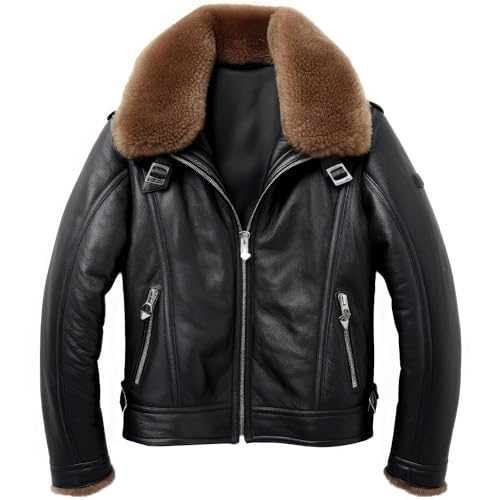 Leather Jets Mens Black Genuine Sheepskin Sherpa Shearling Faux Fur Collar Aviator Air Force Inspired Leather Jacket