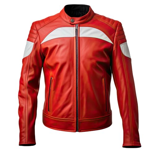 Leather Jets Mens Red Genuine Sheepskin Classy Quilted Moto Rider Outfit Racing Sporty Caf Racer Stand Collar Leather Jacket