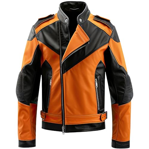 Leather Jets Mens Orange Black Genuine Sheepskin Stand Collar Warm Sporty Smooth Asymmetric Zipper Caf Racer Leather Jacket