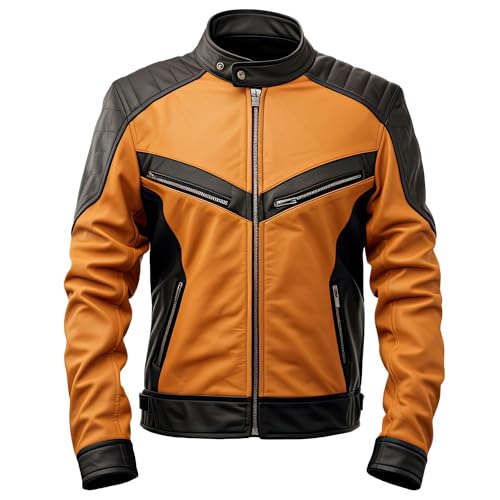 Mens Peanut Brown Black Genuine Sheepskin Stand Collar Warm Quilted Zipup Racing Stylish Moto Leather Jacket