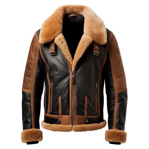 Mens Brown Black Genuine Sheepskin Flight Sherpa Shearling Fur Collar Zipup Classy B3 Bomber Leather Jacket