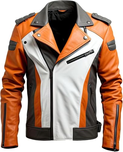 Leather Jets Mens Orange White Genuine Sheepskin Notch Lapel Collar Classy Biker Outfit Asymmetric Crossover Leather Jacket