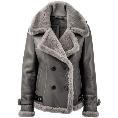 Leather Jets Womens Ash Grey Genuine Sheepskin Sherpa Shearling Faux Fur Lined Crossover Aviator B3 Bomber Leather Jacket