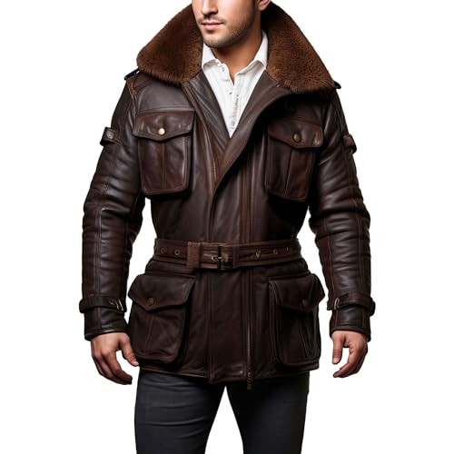 Mens Brown Genuine Sheepskin Sherpa Shearling Faux Fur Collar Classy Aviator Military Pilot Style Leather Coat