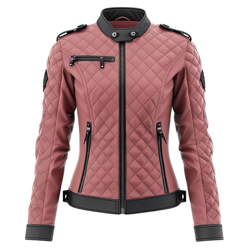 Leather Jets Women Black Pink Genuine Sheepskin Diamond Quilted Classy Motorcycle Biker Outfit ZipUp Rider Leather Jacket