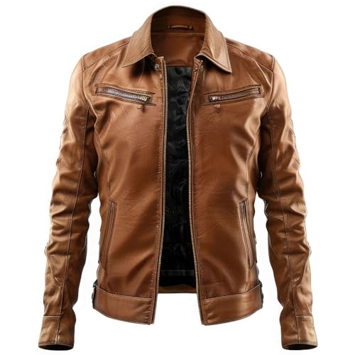 Leather Jets Mens Brown Genuine Sheepskin Shirt Collar Multi Zipper Sleek Winter Slimfit Soft Biker Racer Leather Jacket