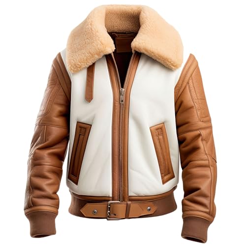 Mens Dark Brown White Genuine Sheepskin B3 Classy Sherpa Shearling Faux Fur Collar Aviator Bomber Leather Jacket