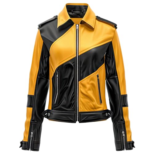 Womens Black Yellow Genuine Sheepskin Stylish Shirt Collar Smooth Warm Smooth Zipper Moto Rider Leather Jacket