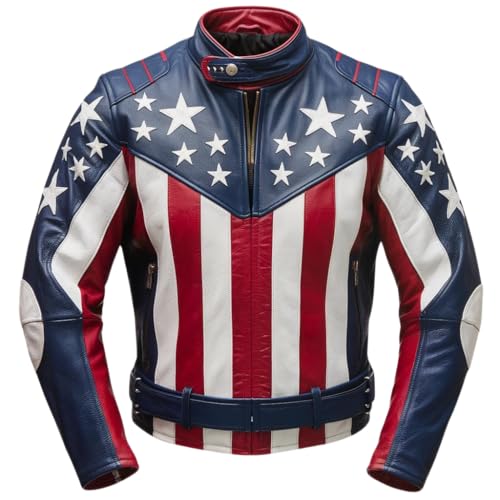 Leather Jets Mens Genuine Leather Jacket with American Flag Design  USA Casual Motorcycle Zipper Coat