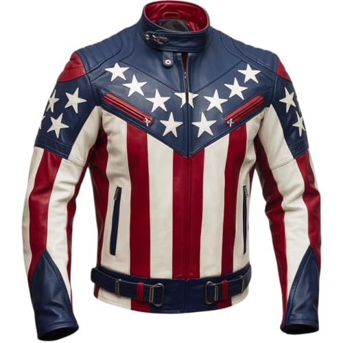 Mens American Flag Leather Jacket  Genuine Leather Motorcycle Coat with USA Design