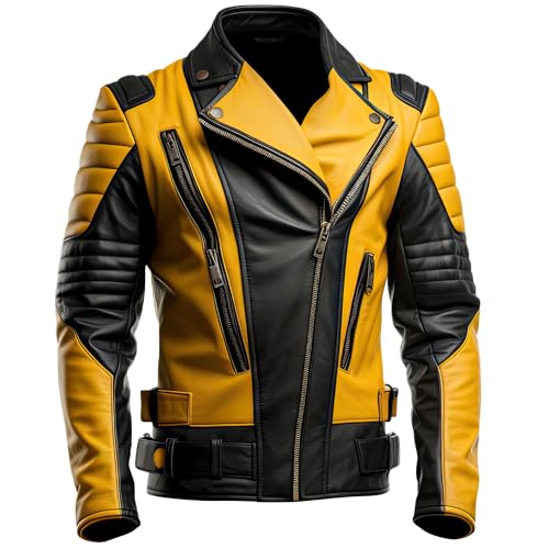 Leather Jets Mens Yellow Black Genuine Sheepskin Moto Lapel Collar Asymmetric Zippered Punk Soft Scooter Leather Jacket