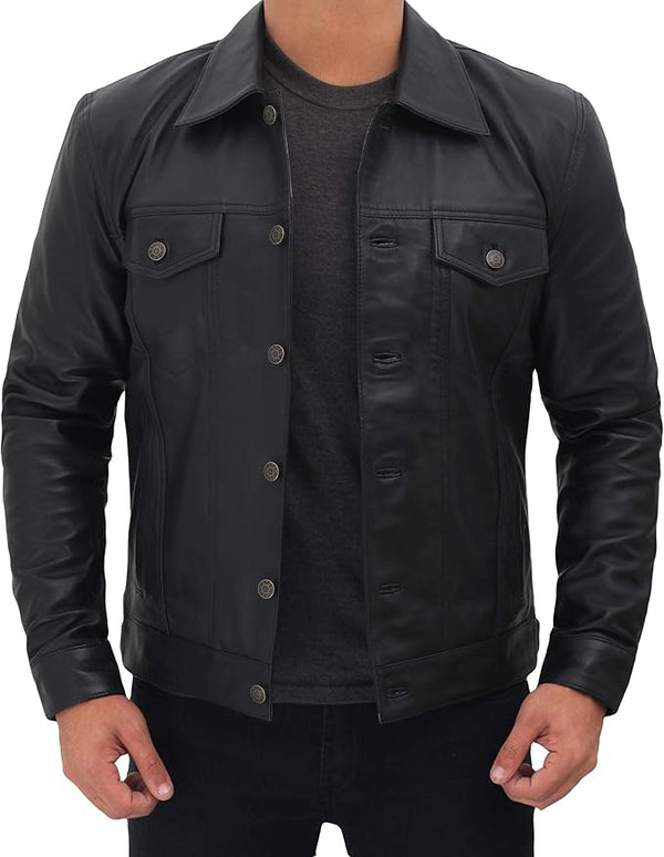 Men's Vintage Trucker Leather Jacket – Premium Real Lambskin, Timeless & Rugged Style