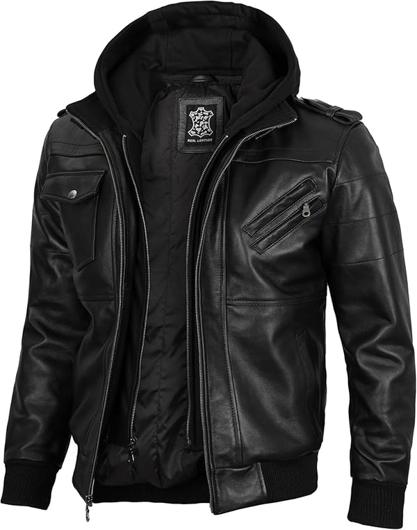 Men's Hooded Leather Bomber Jacket – Versatile & Stylish Leather Jacket with Removable Hood