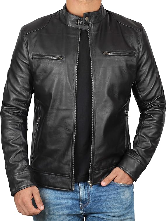 Men’s Leather Jacket – Premium Cafe Racer Style, Real Lambskin, Bold & Timeless Biker Look