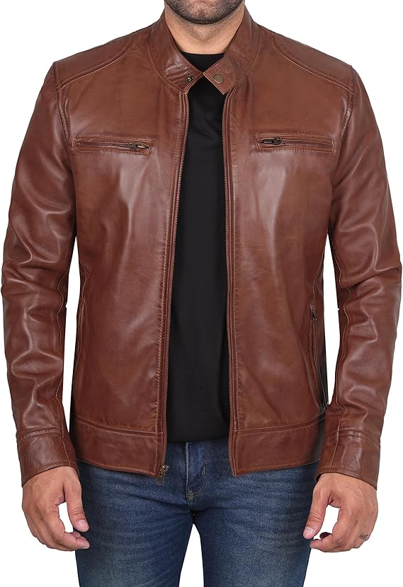 Mens Leather Jacket - Cafe Racer Style Real Lambskin Leather Jacket Men