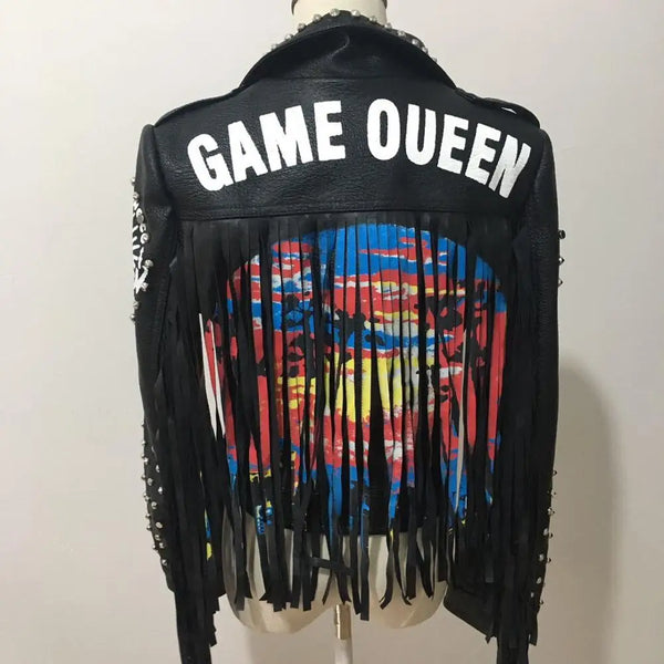 Autumn spring graffiti studs beading pu Leather Jacket female Punk Style Motorcycle tassel leather Jackets Coats Streetwear F802