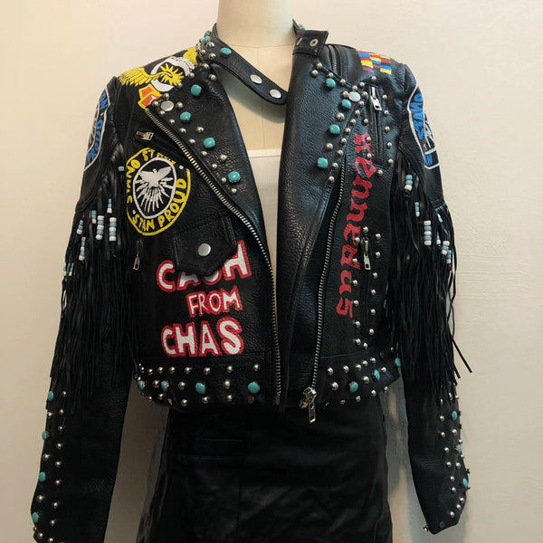 Rivet beading leather jacket Locomotive graffiti cartoon pu Leather Jacket female Punk tassel stitching Motorcyle Jackets F2095