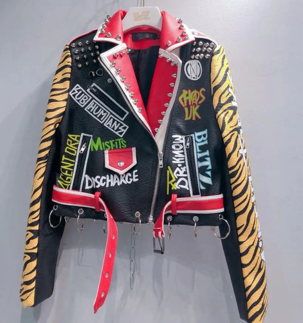 Spring New fashion brand style rivet beading graffiti embroidery locomotive Pu leather short jacket