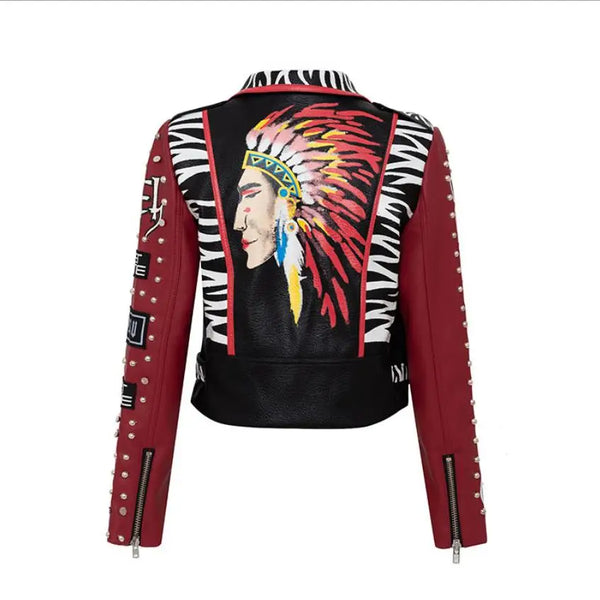 3D Graffiti soft pu leather jackets female cartoon character printed  Jacket rivet beading Punk Rock Cropped leather Outerwear