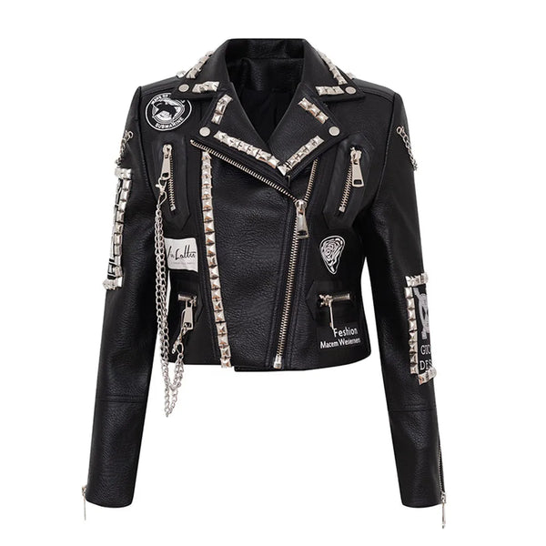 Autumn Winter New Rivet Women Graffiti Jacket PUNK Print Letter Slim Motorcycle Chain Coat PU Faux Leather Studs Short Outwear