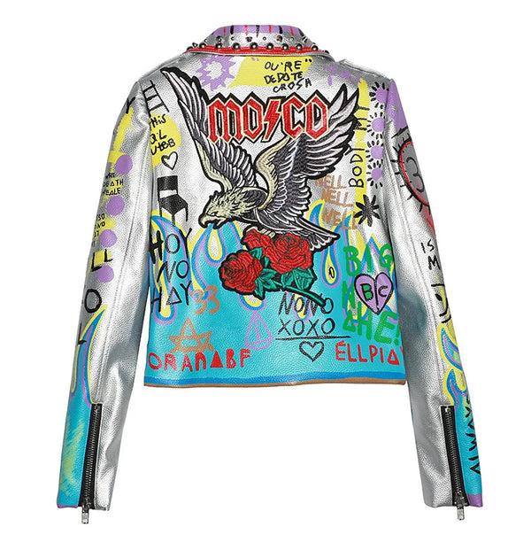 4XL fashion graffiti beading Women pu Leather Jacket Punk Style Motorcycle embrodiery leather Jackets Coats Streetwear F803