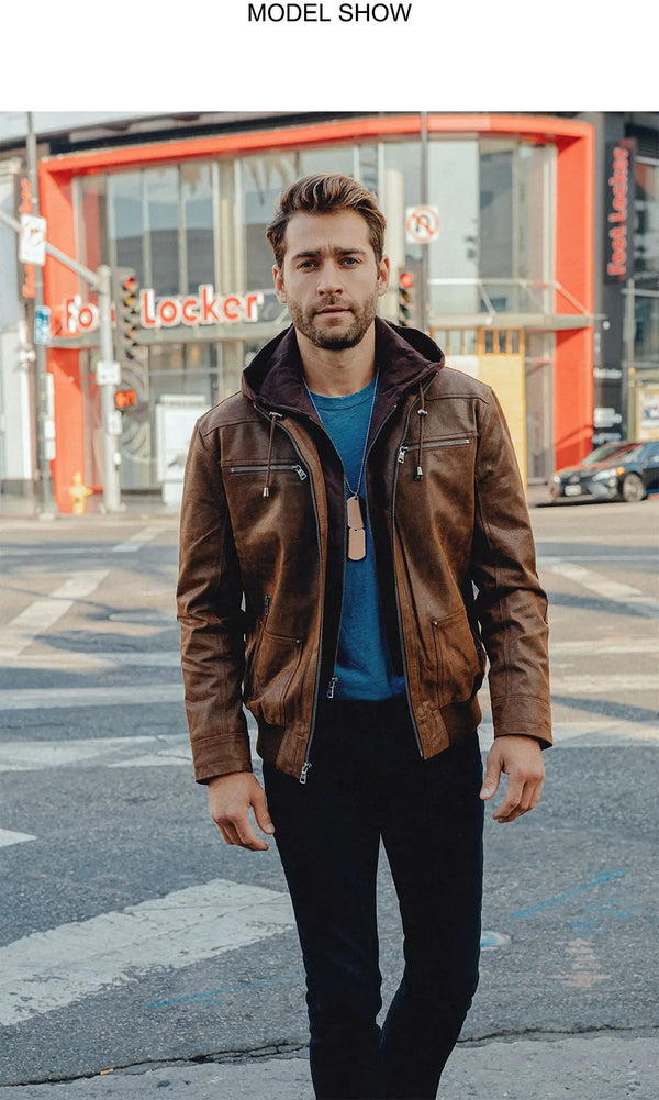 Brown Leather Jacket Genuine Leather Men Motorcycle With Removable Hood Warm For Men