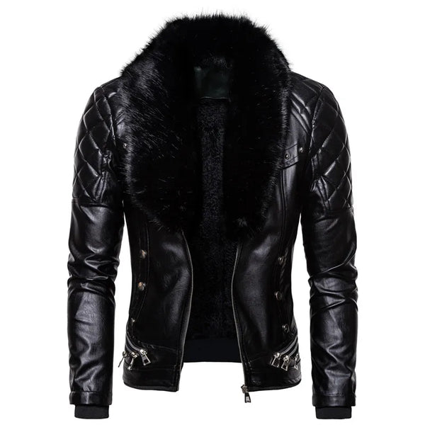 Winter Men's Plush Fur Collar Leather Jacket Casual Fashion Thick Wind-proof Leather Jackets Man