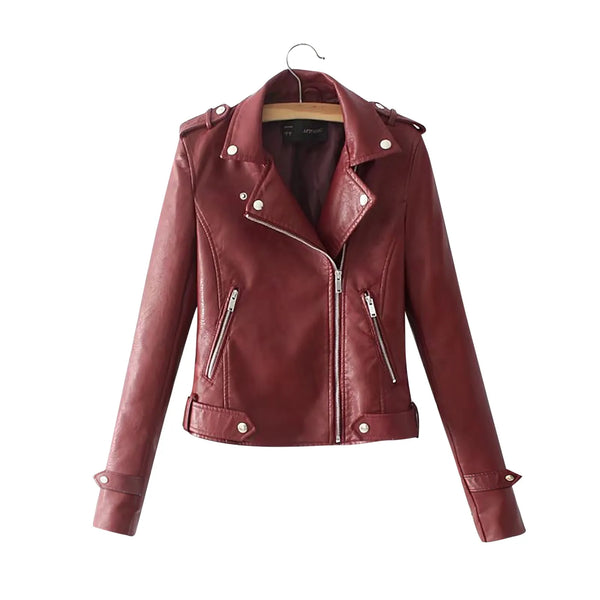 Casual Elegant Outerwear Female Top Women The Belt Fashion Pocket Faux Leather Lapel Solid Color Zipper Soft Quality Jacket