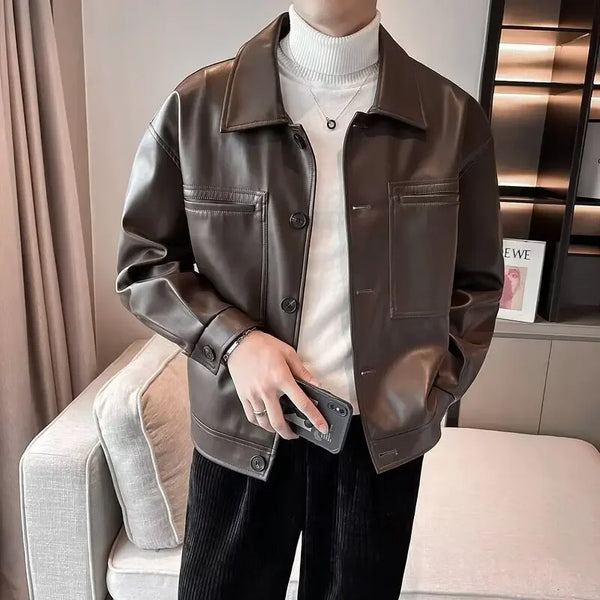 American Style Bomber Jacket For Men Trendy Autumn Leather High Street Style Casual Coastal Fashion Pu Leather Jacket