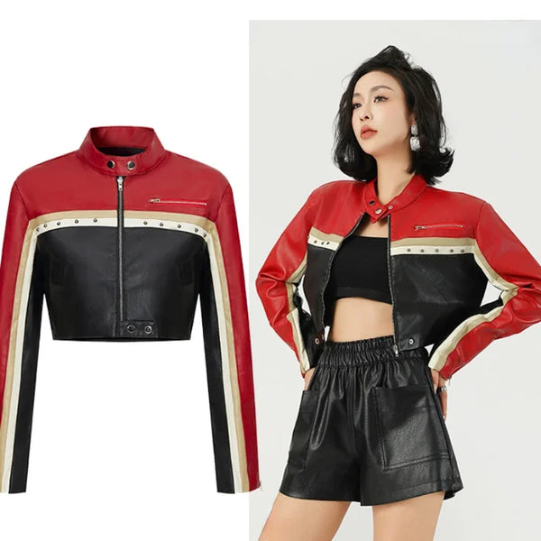 New Spring Autumn Women Fashion Punk Biker Core Color Block Zipper Studded Detail Crop PU Leather Jacket Short Outerwear