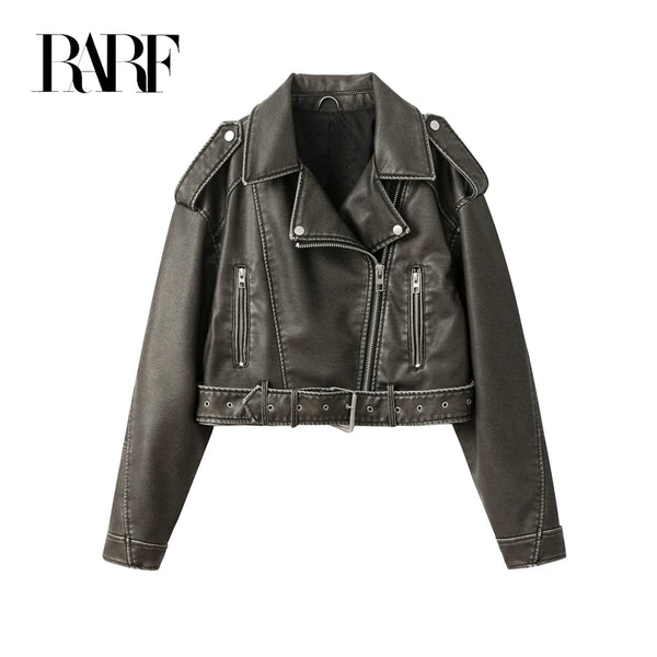 Coal graysty le Women's washed leather jacket with belt, short coat with downgraded zipper and vintage lapel jacket