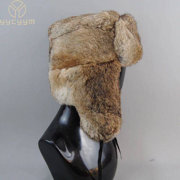 Men's Caps Warm Natural Rabbit Fur Bomber Hat With Earflaps Winter Hot Sale Unisex Warm Russian Ushanka Hat Real Rabbit Fur Hats