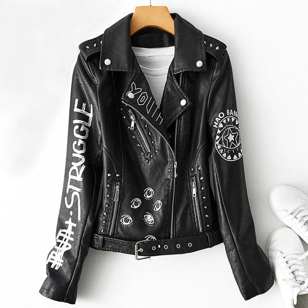 Autumn Winter Women Graffiti Print Faux Leather Jacket Lady Moto Bike PU Leather Coat Casual Rivet Jacket with Belt