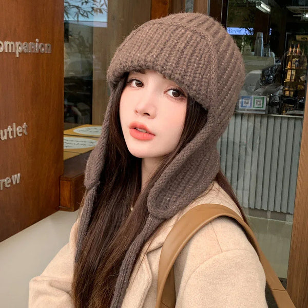 RICYGVM Japanese Ear Protection Knit Hat Winter Warm Cold Proof Flying Cap Solid Color Woolen Crochet Bonnet Korean Women Beanie