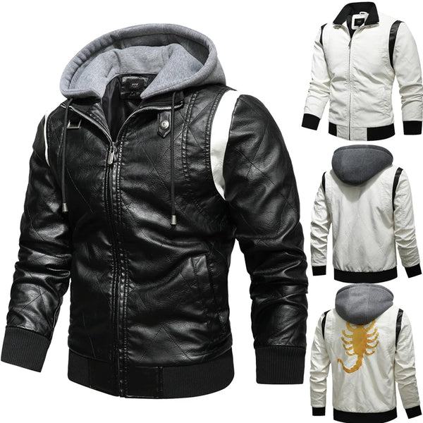 Autumn Winter Bomber Leather Jacket Men Scorpion Embroidery Hooded Jacket PU Leather Motorcycle