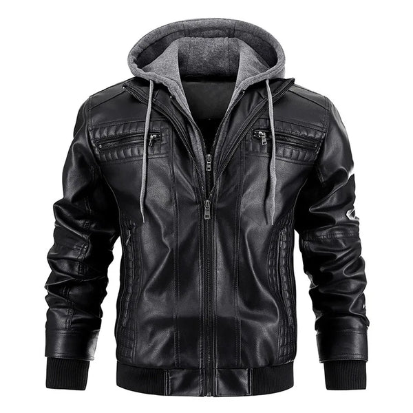 Men's Leather Jacket Motorcycle Slim Fit Hooded PU Coat Top Autumn Winter Casual Windproof