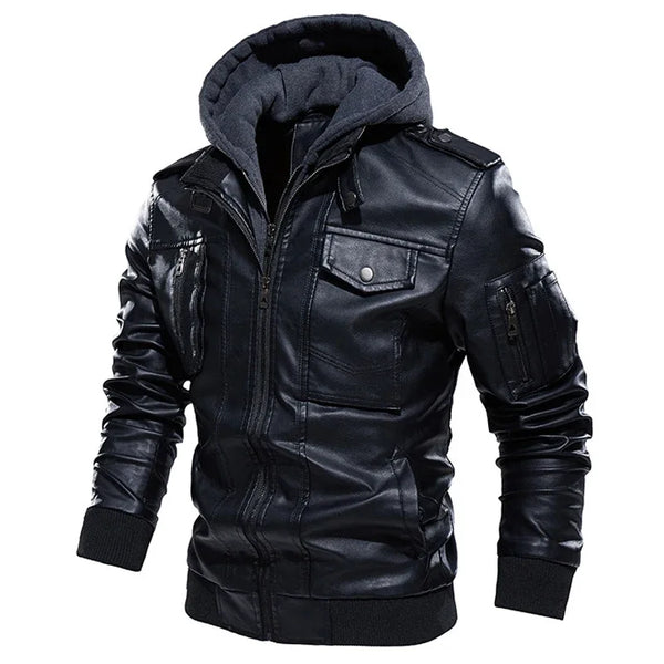 Vintage Hooded Collar Club Bomber Leather Coats Motorcycle Jacket Men Casual PU Leather Jackets Man Winter Thick Warm