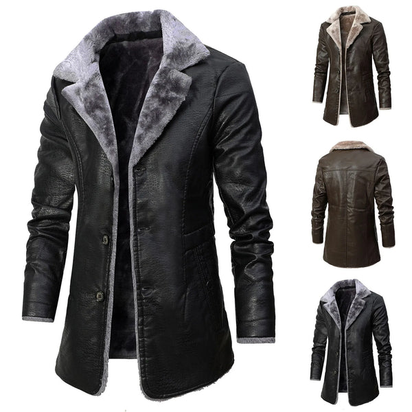 Men'S Autumn And Winter Jackets Mid-Length Business Plus Velvet Lapel Suit Plush Hooded Collar Slim Fit Leather Warm Outwear