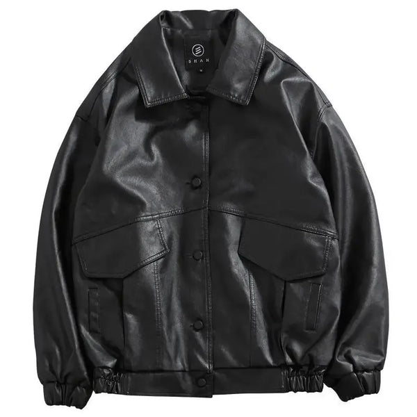 Black PU Leather Motorcycle Biker Jacket for Men - Fashion Bomber Coat with Pockets