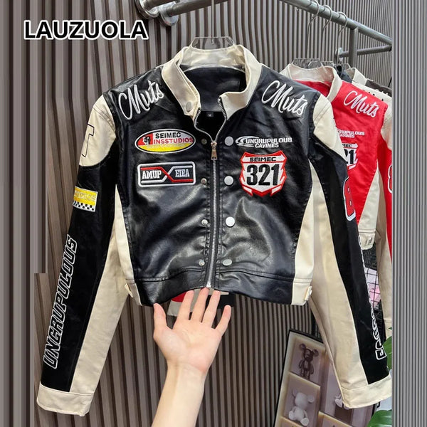 American Vintage Letter Embroidery Motorcycle Cropped Jacket Women's PU Leather Street Style Racing Baseball Short Coat Outwear