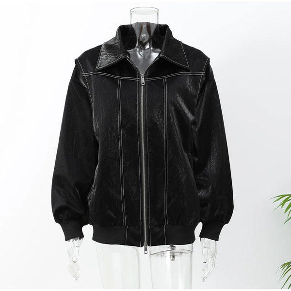 Chic Contrast Stitch Zipper Leather Jacket For Women Fashion Lapel Long Sleeves Cropped Bomber Coat 2024 Lady Street Outerwear